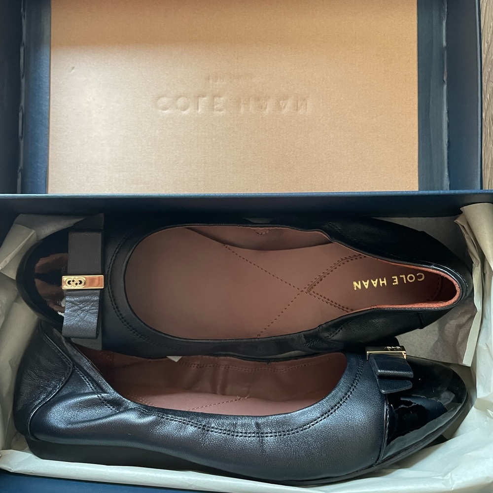 Cole Haan Women's Black Leather Flats with Bow Accent